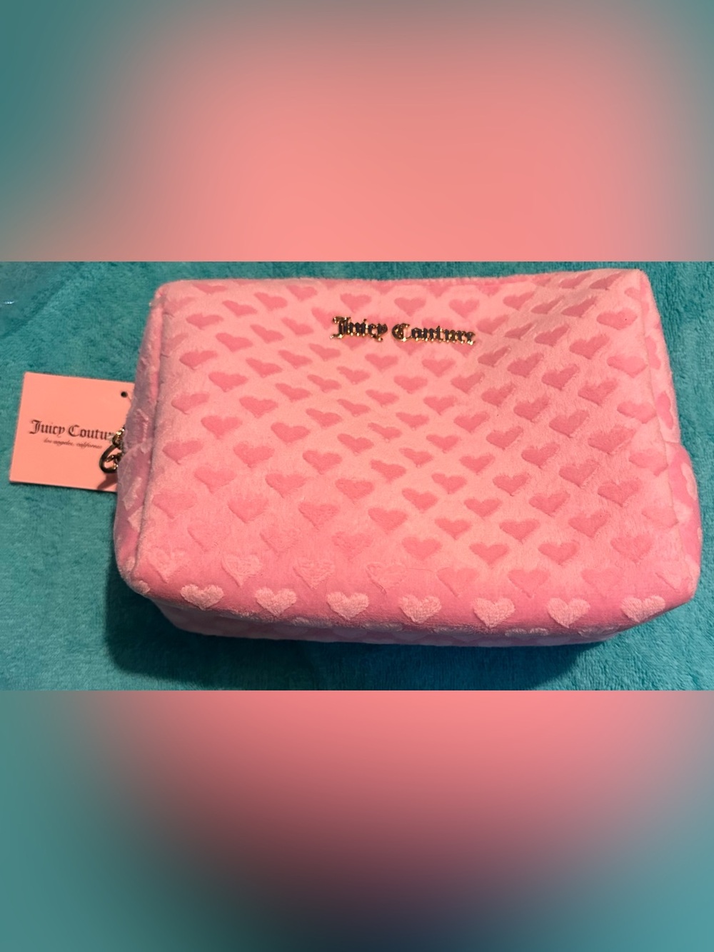 Juicy Couture Pink Heart-Textured Cosmetic Bag with Gold Logo